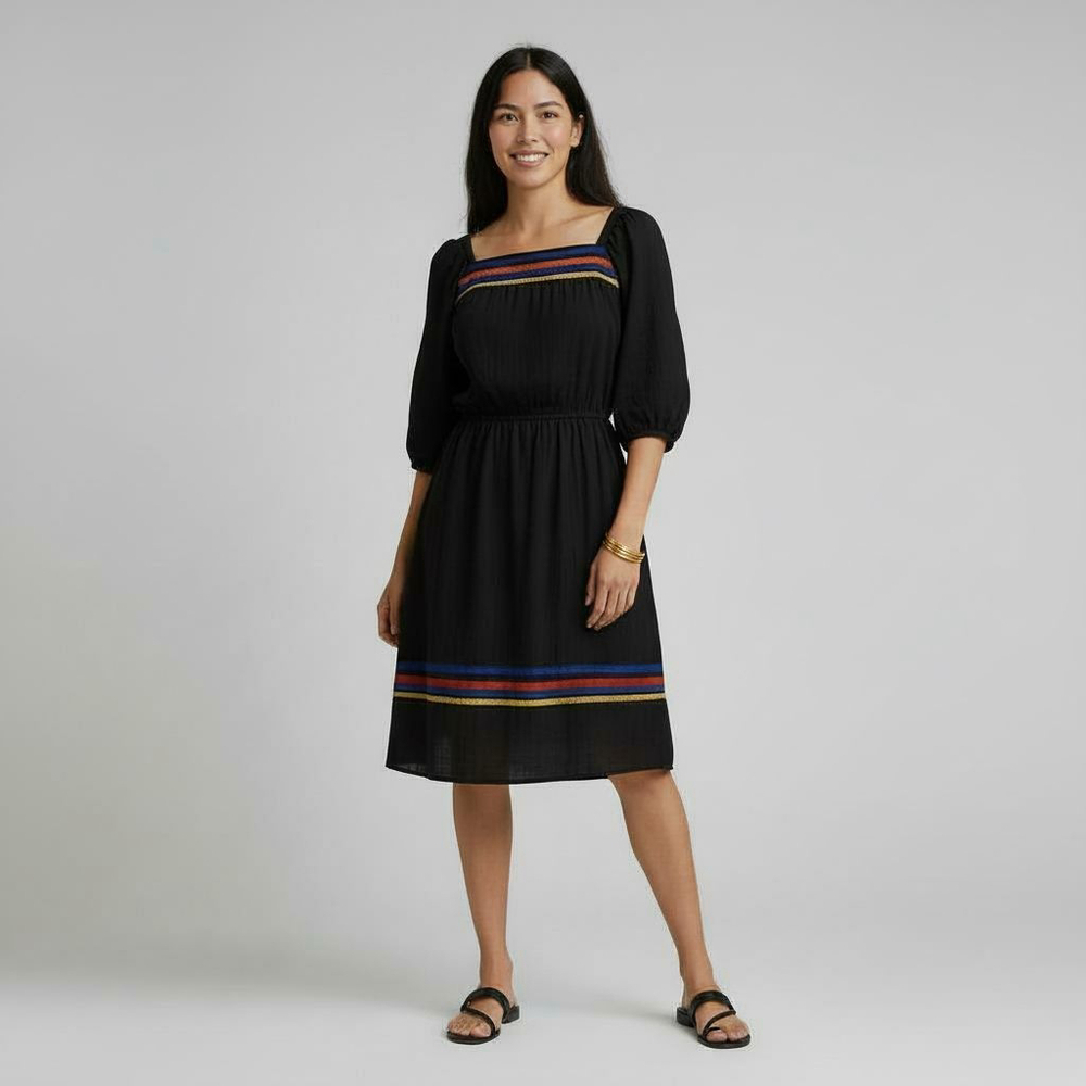 JCPenney Vintage 1970s Sheer Gauze Black Striped Dress Size 14